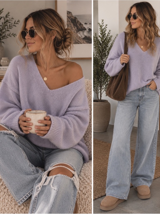 ESQUALO Sweaters - ESQUALO Lilac Mohair Wool Blend Luxury Oversized V-Neck Sweater Size Small